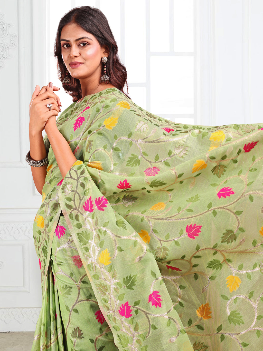 Anaita Green Linen Printed Saree With Blouse | Grocsy