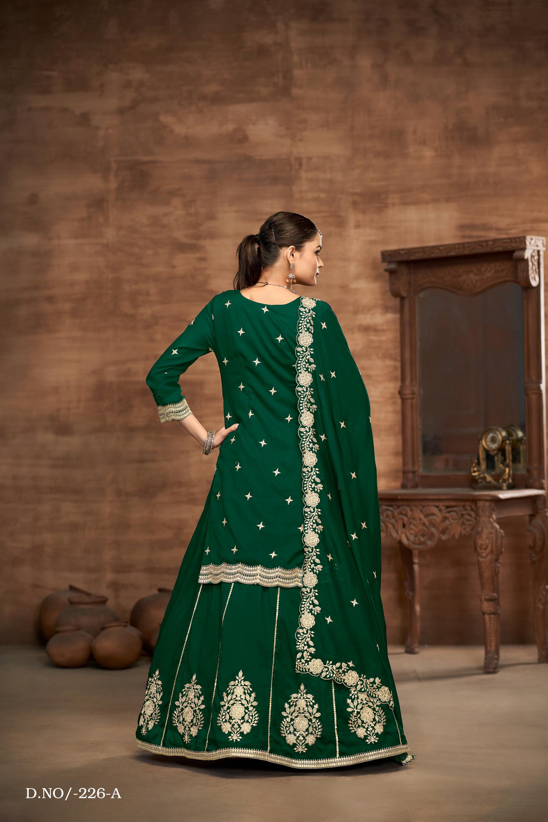 Anaita Green Premium Embroidered Vichitra Silk Lehenga Style Suit | Grocsy