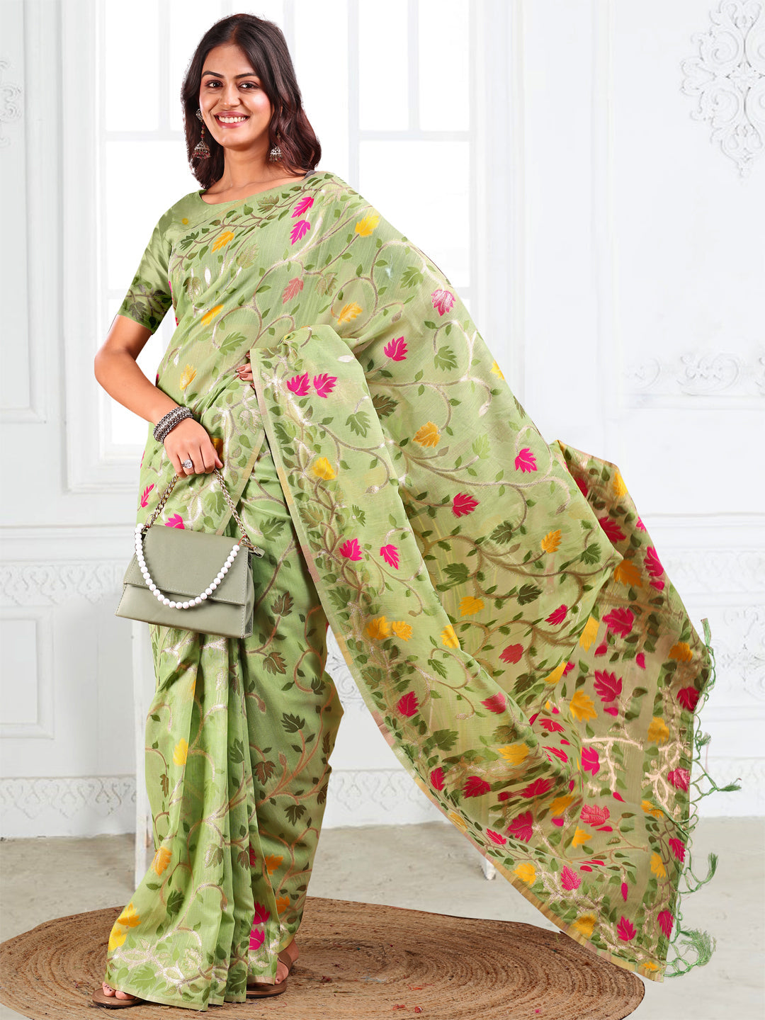 Anaita Green Linen Printed Saree With Blouse | Grocsy