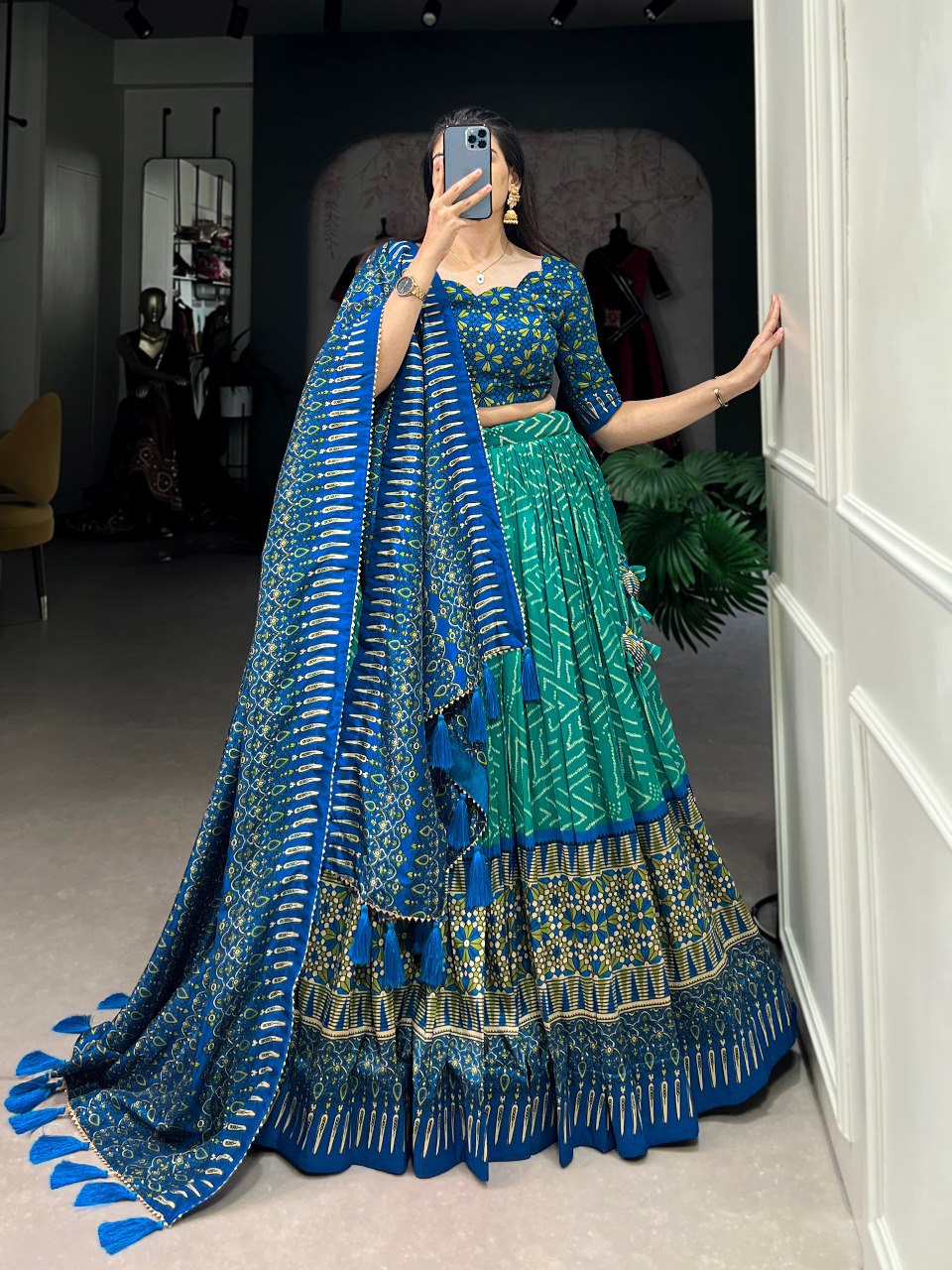 Lorenvalley Green Tussar Silk Bandhej And Ajarakh Print Lehenga Choli with Dupatta | Grocsy