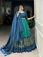 Lorenvalley Green Tussar Silk Bandhej And Ajarakh Print Lehenga Choli with Dupatta | Grocsy
