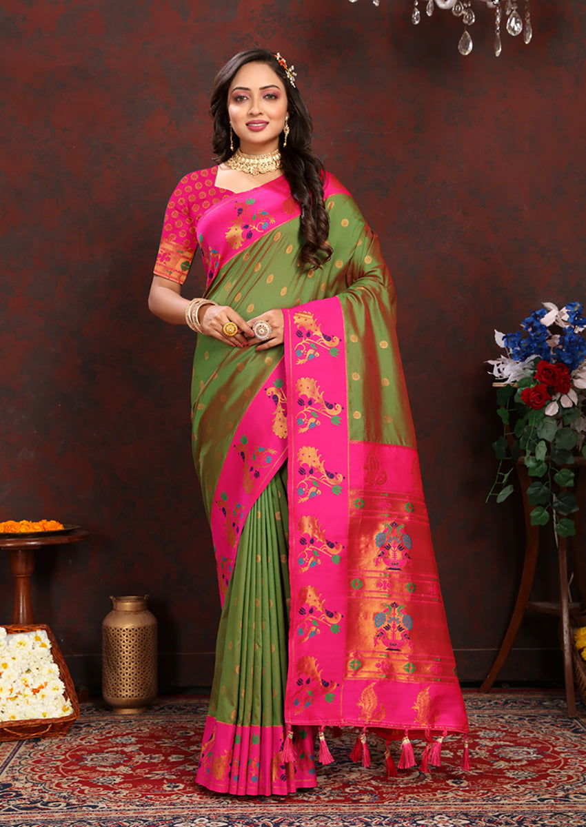 Lorenvalley Fashion Green Soft Paithani Silk Woven Design Rich Zari Meenakari Weaving Saree | Grocsy