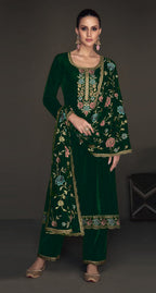 Lorenvalley Fashion Women Green Velvet Embroidered Salwar Suit Material | Grocsy