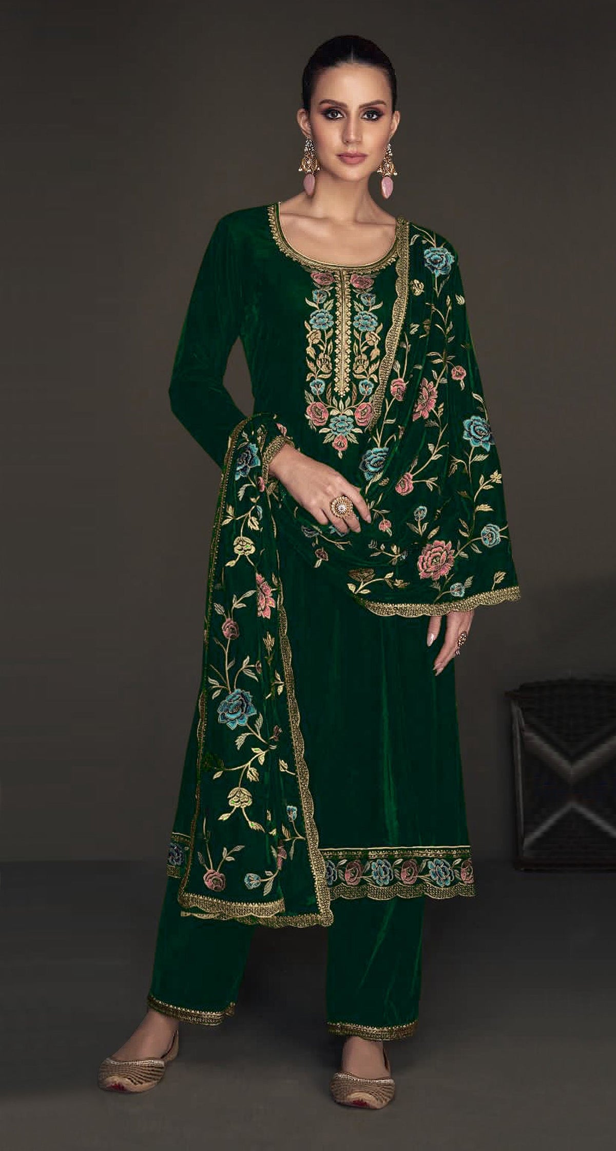Lorenvalley Fashion Women Green Velvet Embroidered Salwar Suit Material | Grocsy