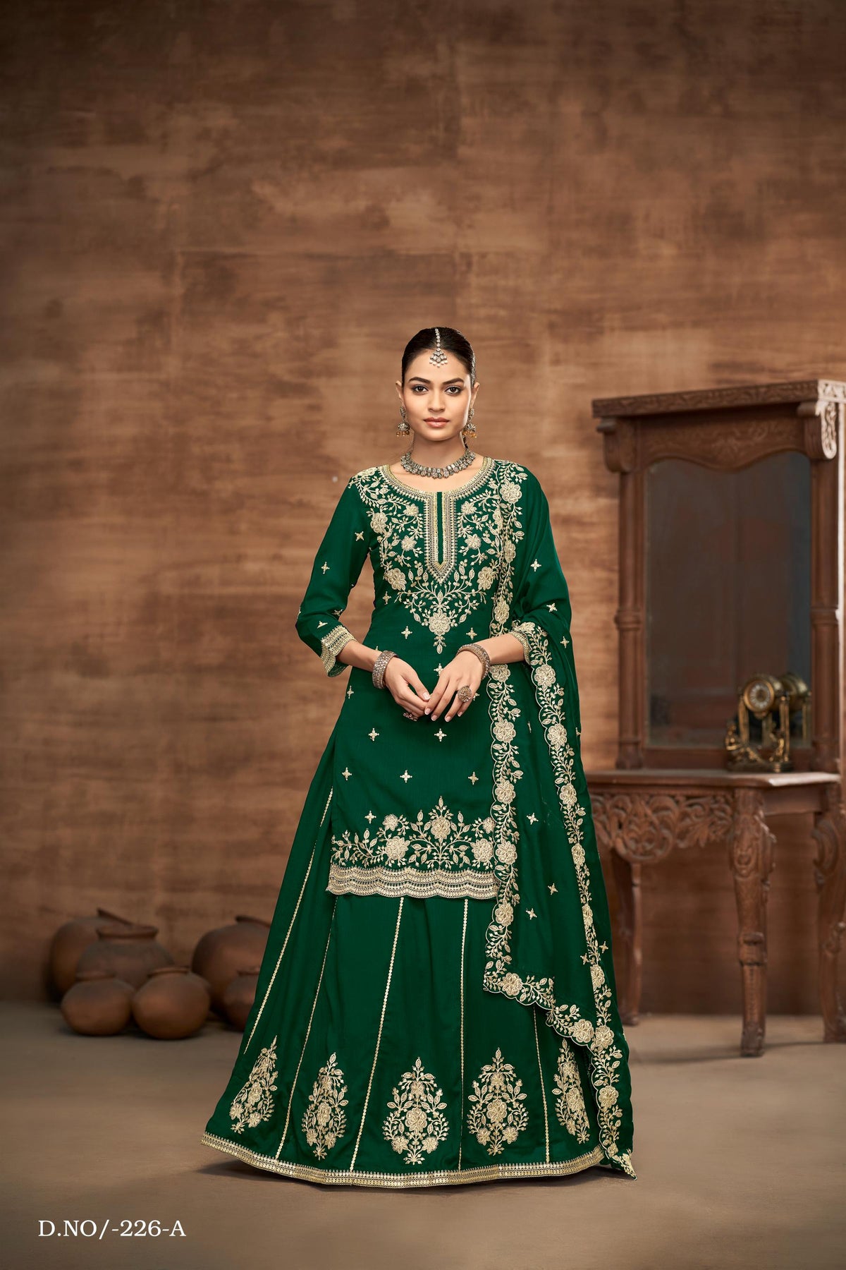 Anaita Green Premium Embroidered Vichitra Silk Lehenga Style Suit | Grocsy