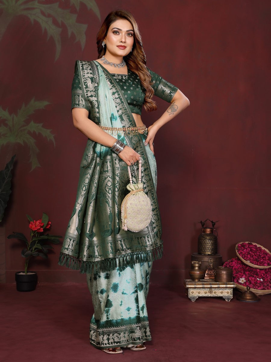 Anaita Green Zari Weaving Work Satin Silk Saree With Blouse | Grocsy