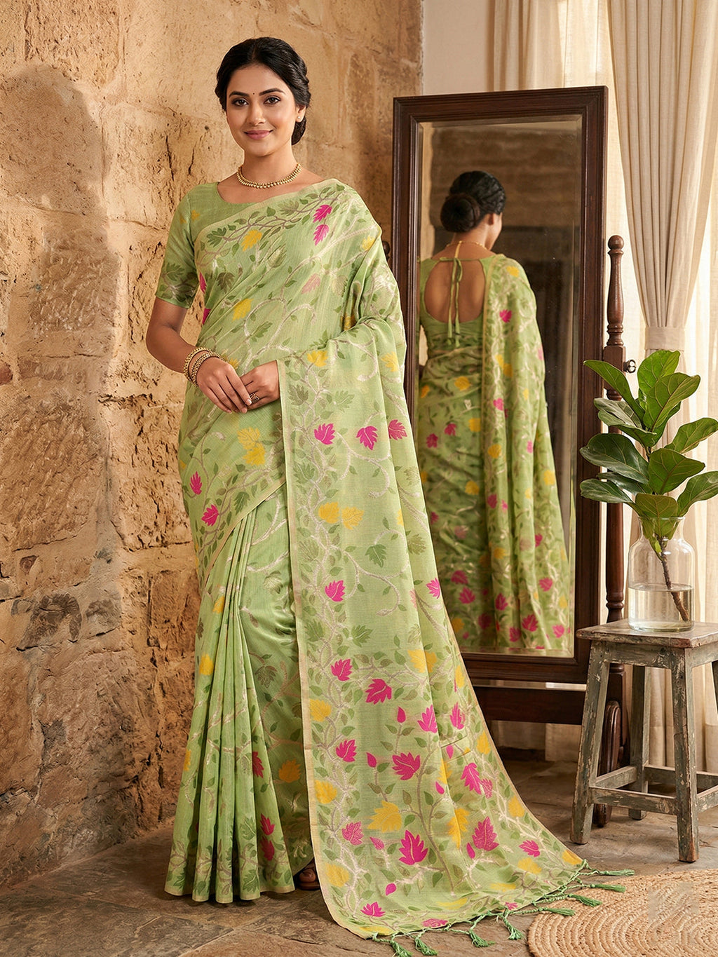 Anaita Green Linen Woven Work Saree With Blouse | Grocsy