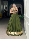 Lorenvalley Green Pure Rayon Plain With Embossed Design Lace Touch Up Lehenga Choli | Grocsy