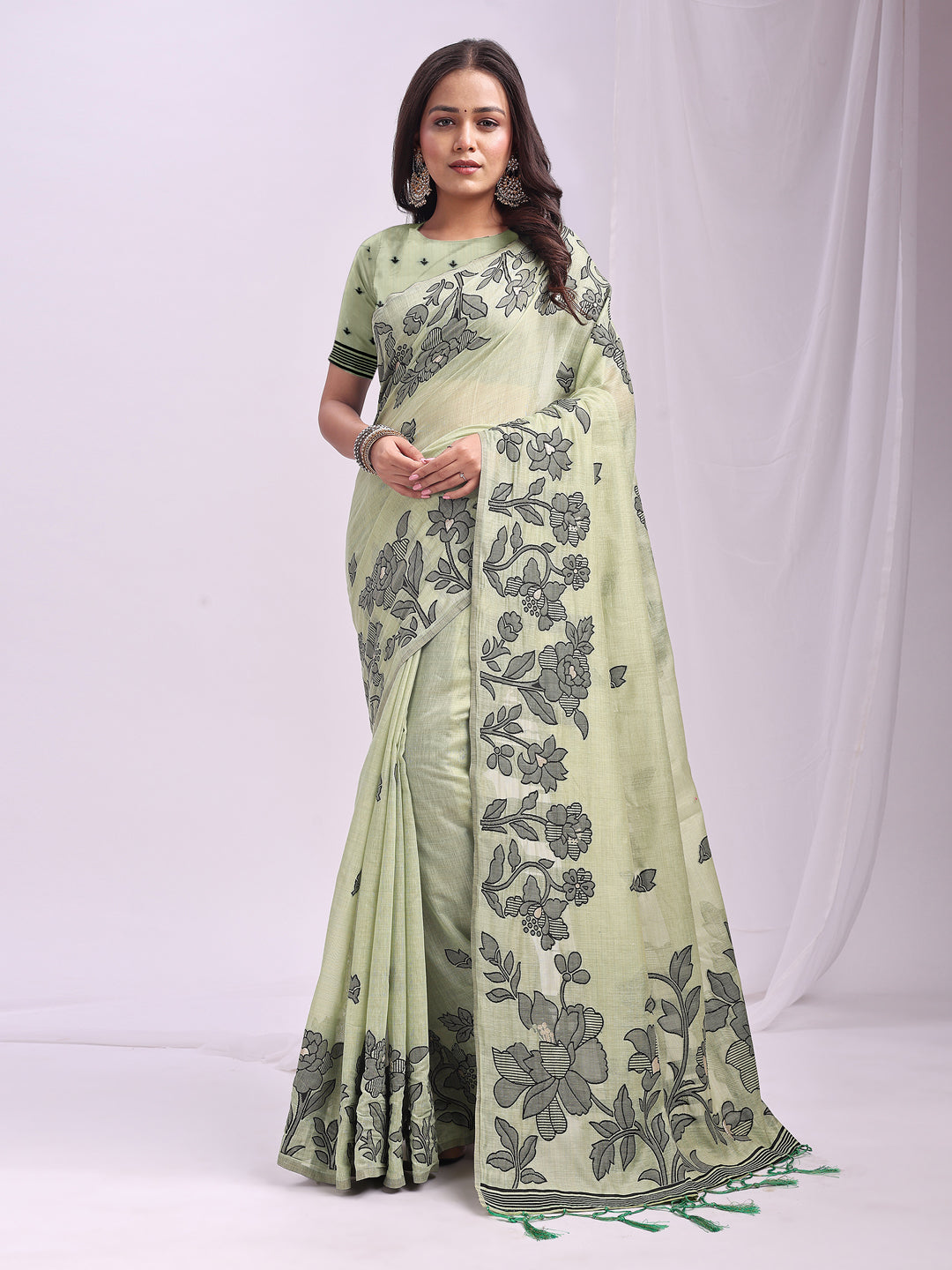 Anaita Green Linen Printed Saree With Blouse | Grocsy