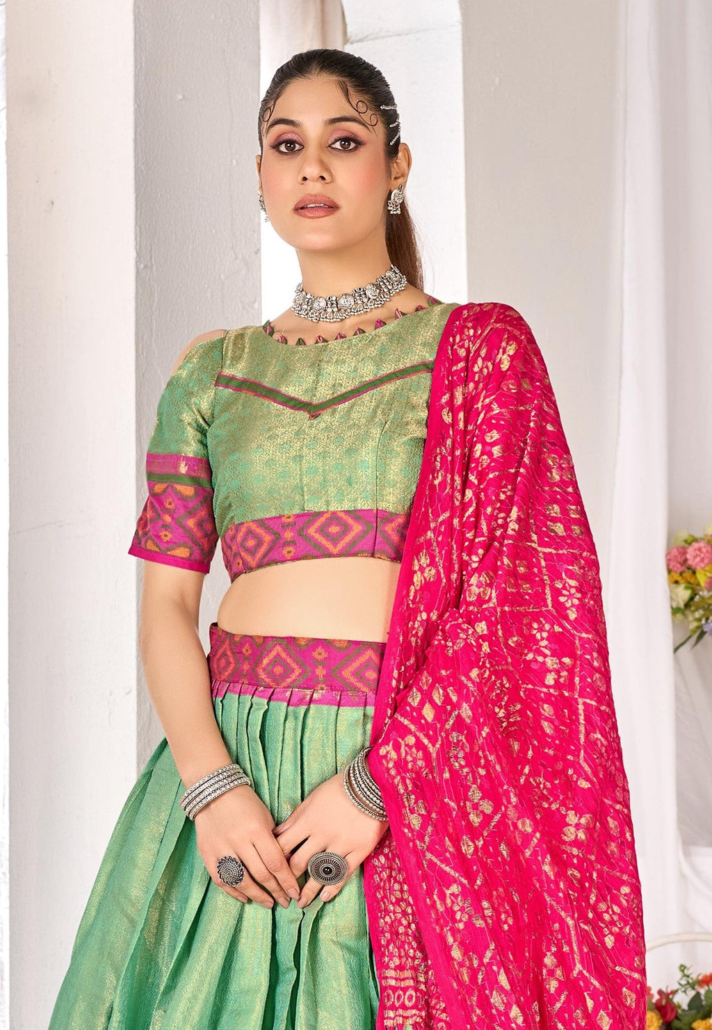Anaita Green Weaving Work Silk Lehenga Choli | Grocsy