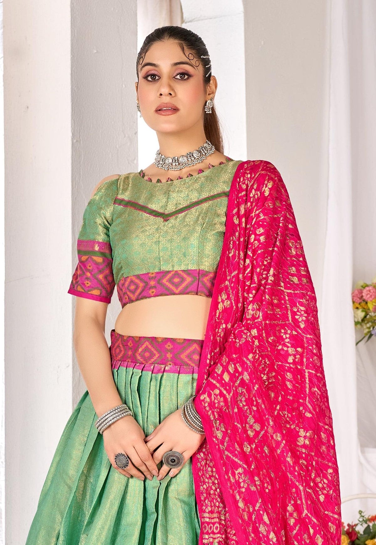 Anaita Green Weaving Work Silk Lehenga Choli | Grocsy