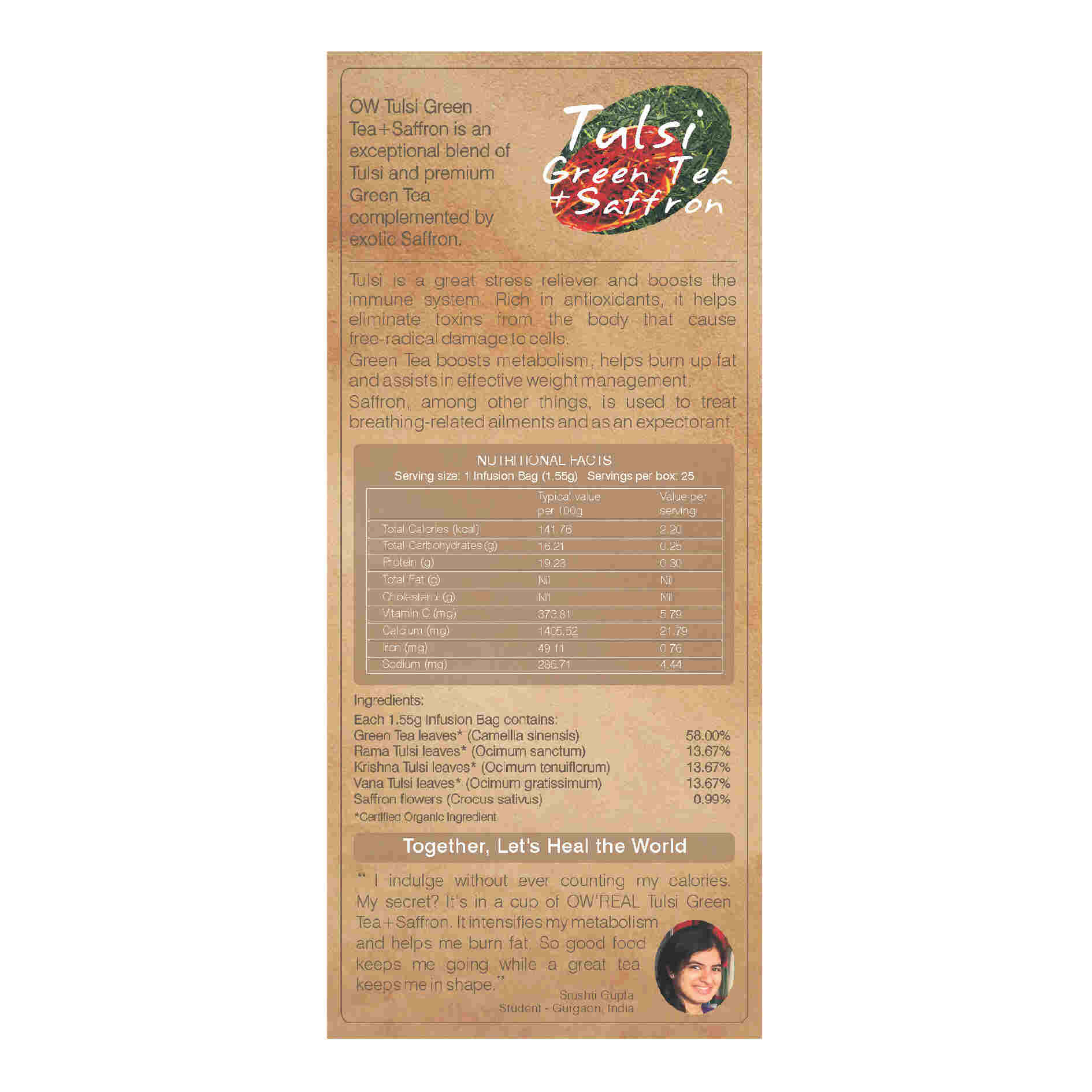 Organic Wellness Tulsi Green Tea + Saffron Tea Bags | Grocsy