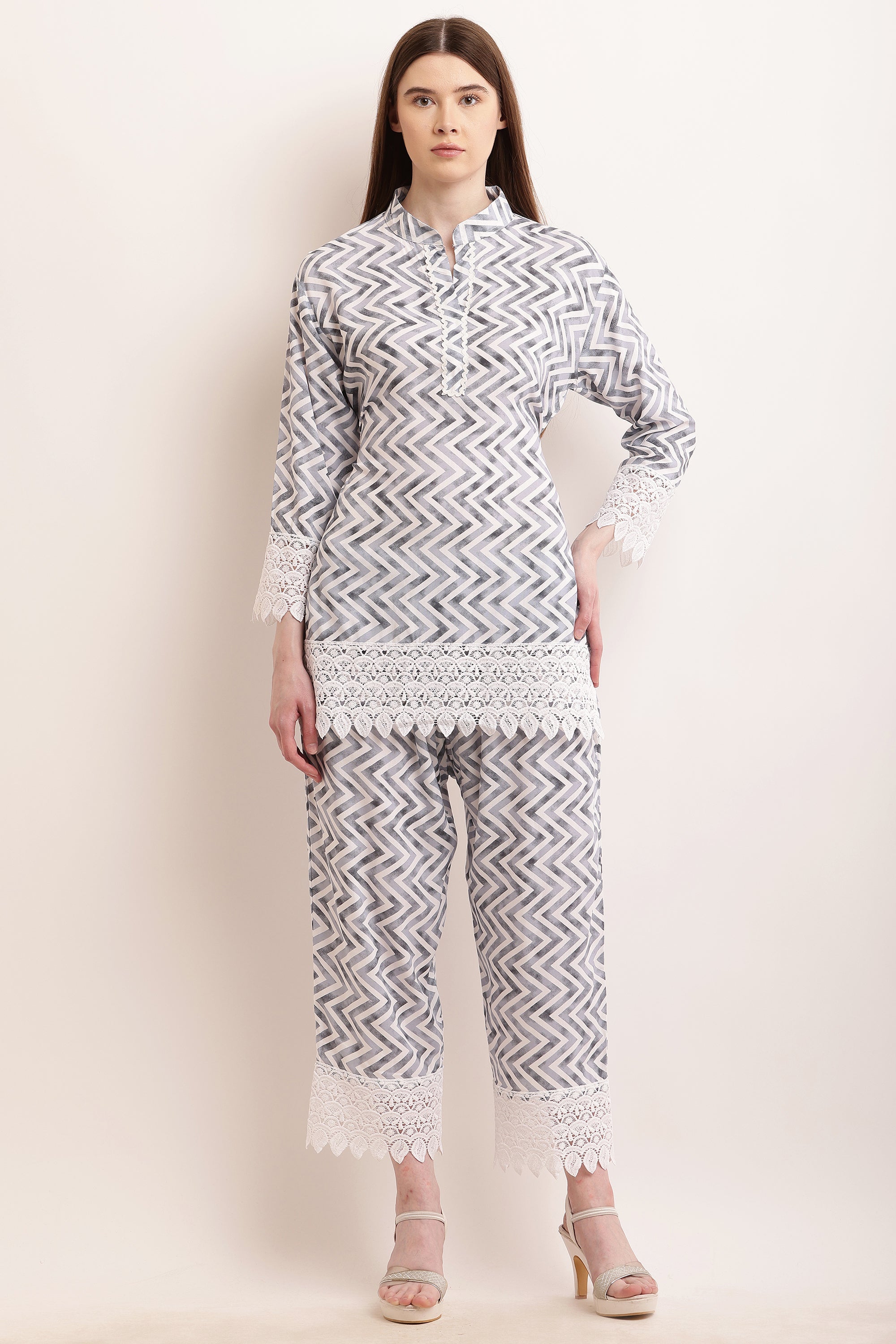 PAVONINE Grey Color Zig-Zag Printed with Lace Inserted Cord Set For Women | Grocsy