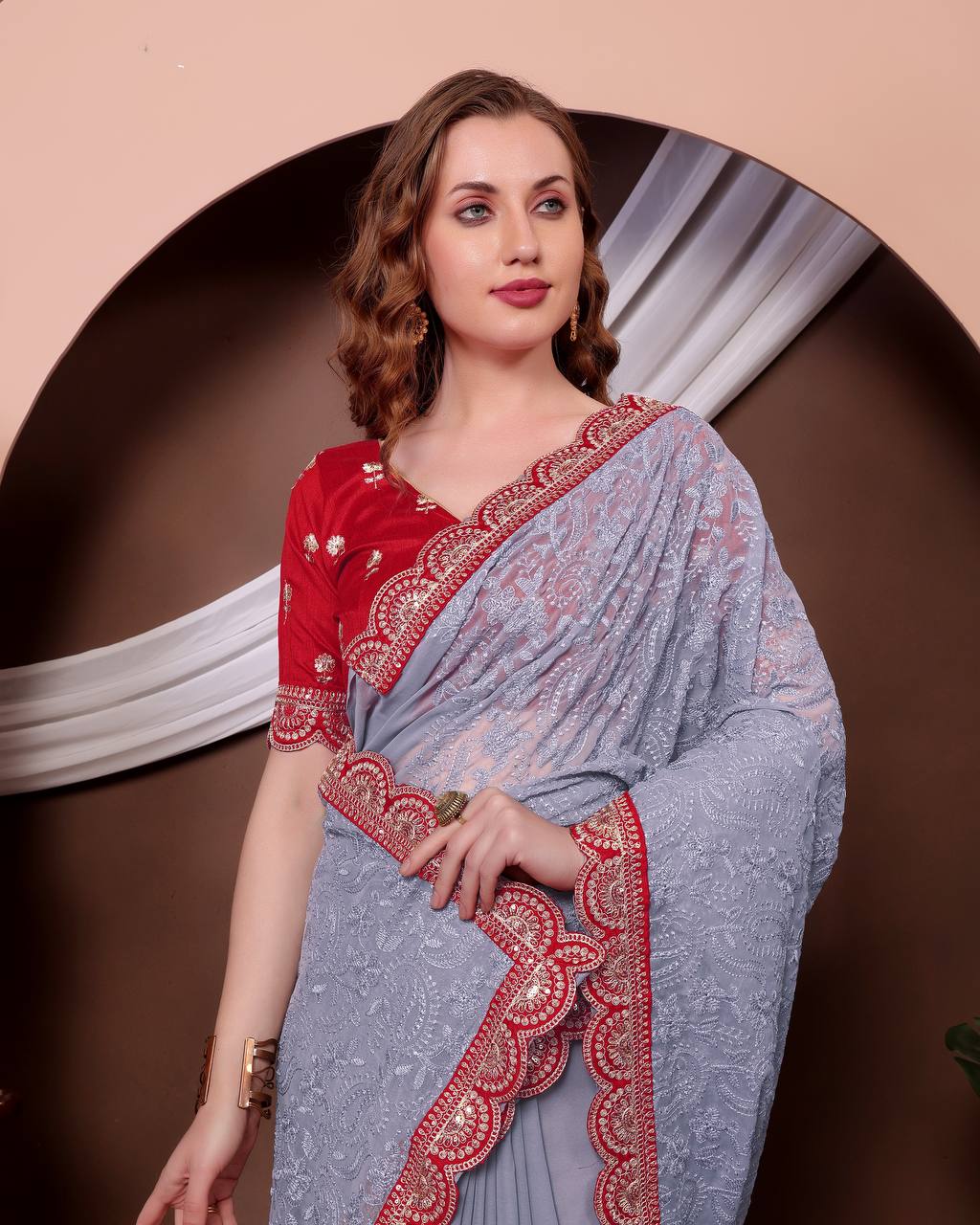 Teeya Creation Grey Color Georgette Fabric Chikankari Work Saree | Grocsy