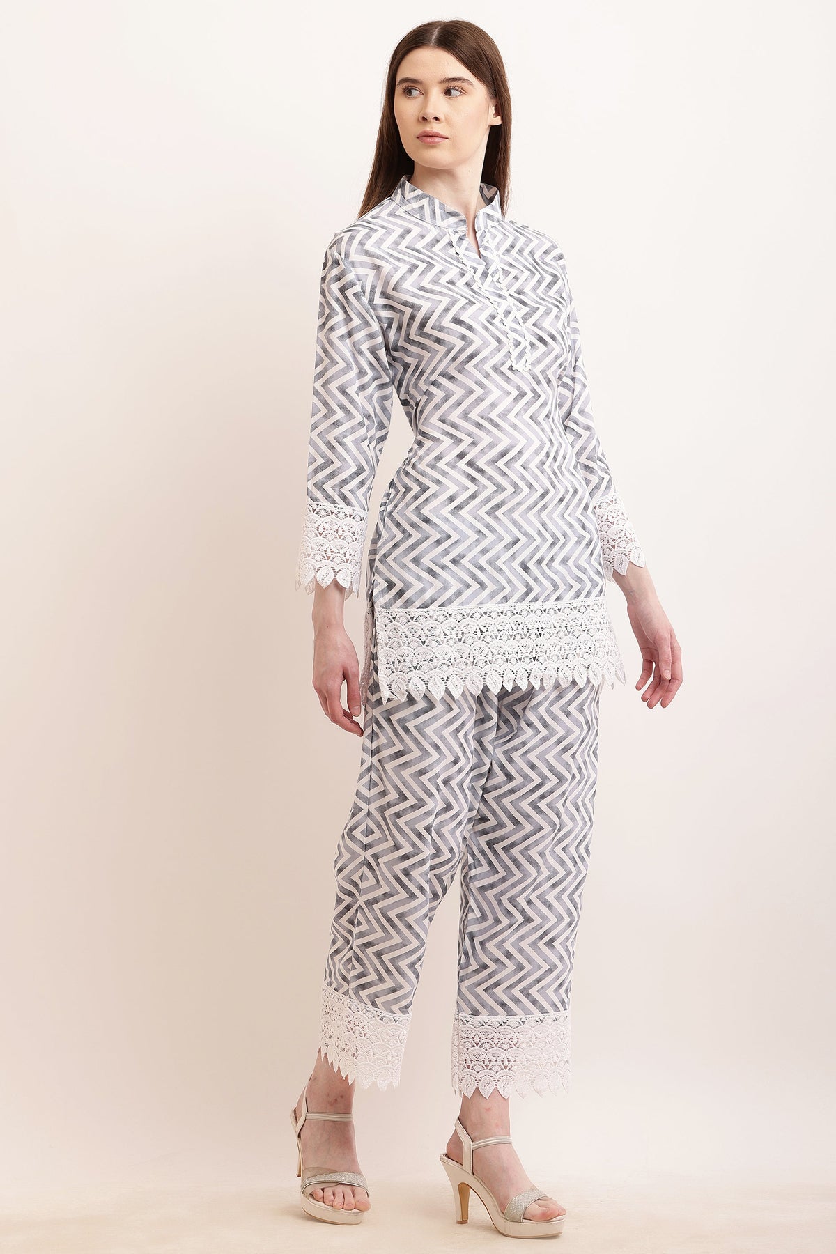 PAVONINE Grey Color Zig-Zag Printed with Lace Inserted Cord Set For Women | Grocsy