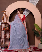 Teeya Creation Grey Color Georgette Fabric Chikankari Work Saree | Grocsy