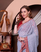 Teeya Creation Grey Color Georgette Fabric Chikankari Work Saree | Grocsy
