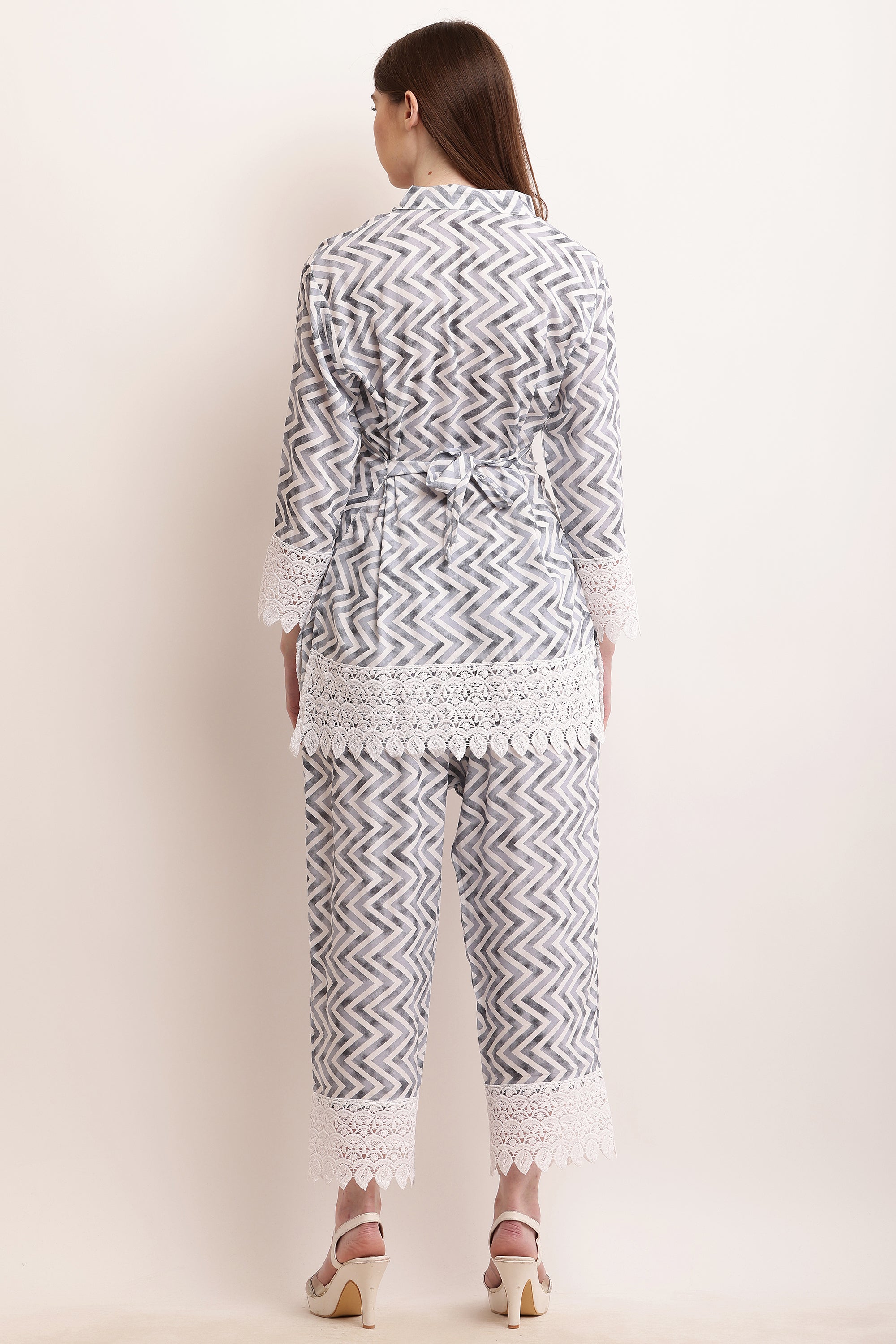 PAVONINE Grey Color Zig-Zag Printed with Lace Inserted Cord Set For Women | Grocsy