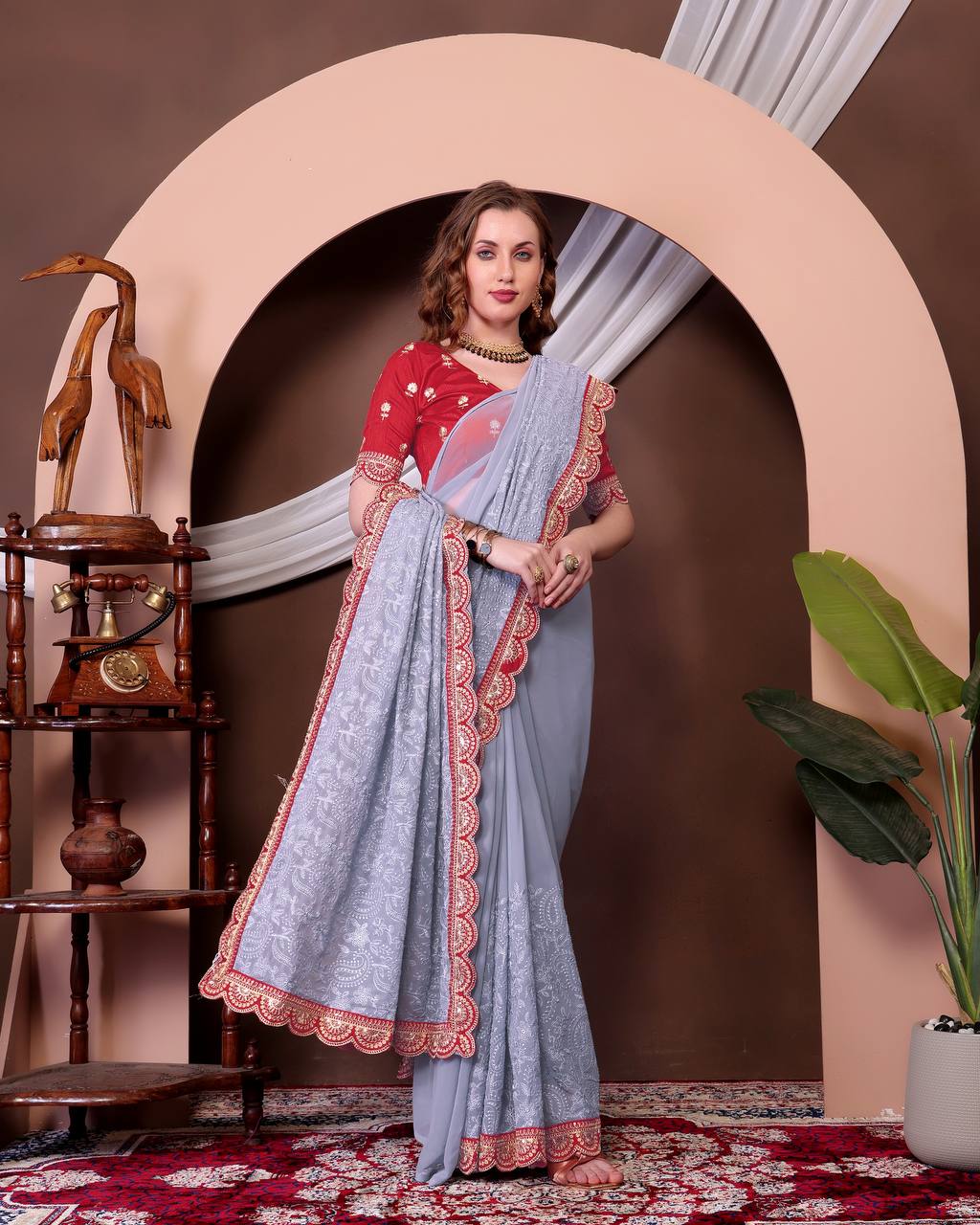 Teeya Creation Grey Color Georgette Fabric Chikankari Work Saree | Grocsy