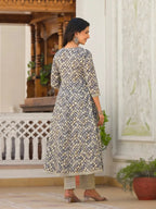 Yufta Grey Checkered Print Anarkali Kurta Trouser With Dupatta Set | Grocsy