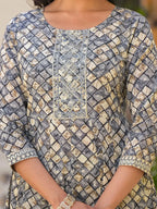 Yufta Grey Checkered Print Anarkali Kurta Trouser With Dupatta Set | Grocsy