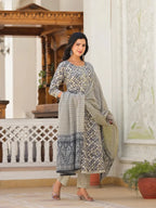 Yufta Grey Checkered Print Anarkali Kurta Trouser With Dupatta Set | Grocsy