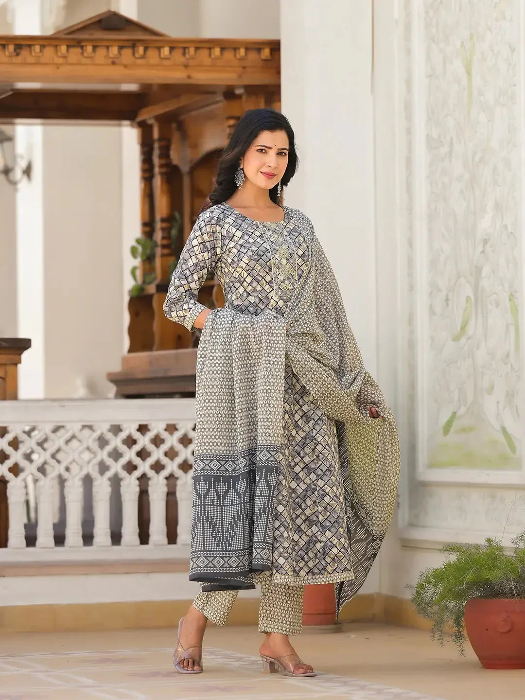 Yufta Grey Checkered Print Anarkali Kurta Trouser With Dupatta Set | Grocsy