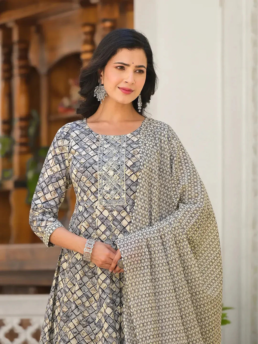 Yufta Grey Checkered Print Anarkali Kurta Trouser With Dupatta Set | Grocsy