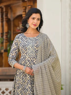 Yufta Grey Checkered Print Anarkali Kurta Trouser With Dupatta Set | Grocsy