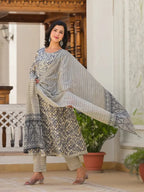 Yufta Grey Checkered Print Anarkali Kurta Trouser With Dupatta Set | Grocsy