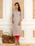 Yufta Grey Cotton A-Line Kurta With Digital Print | Grocsy