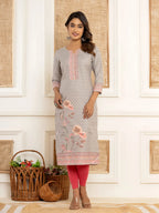 Yufta Grey Cotton A-Line Kurta With Digital Print | Grocsy