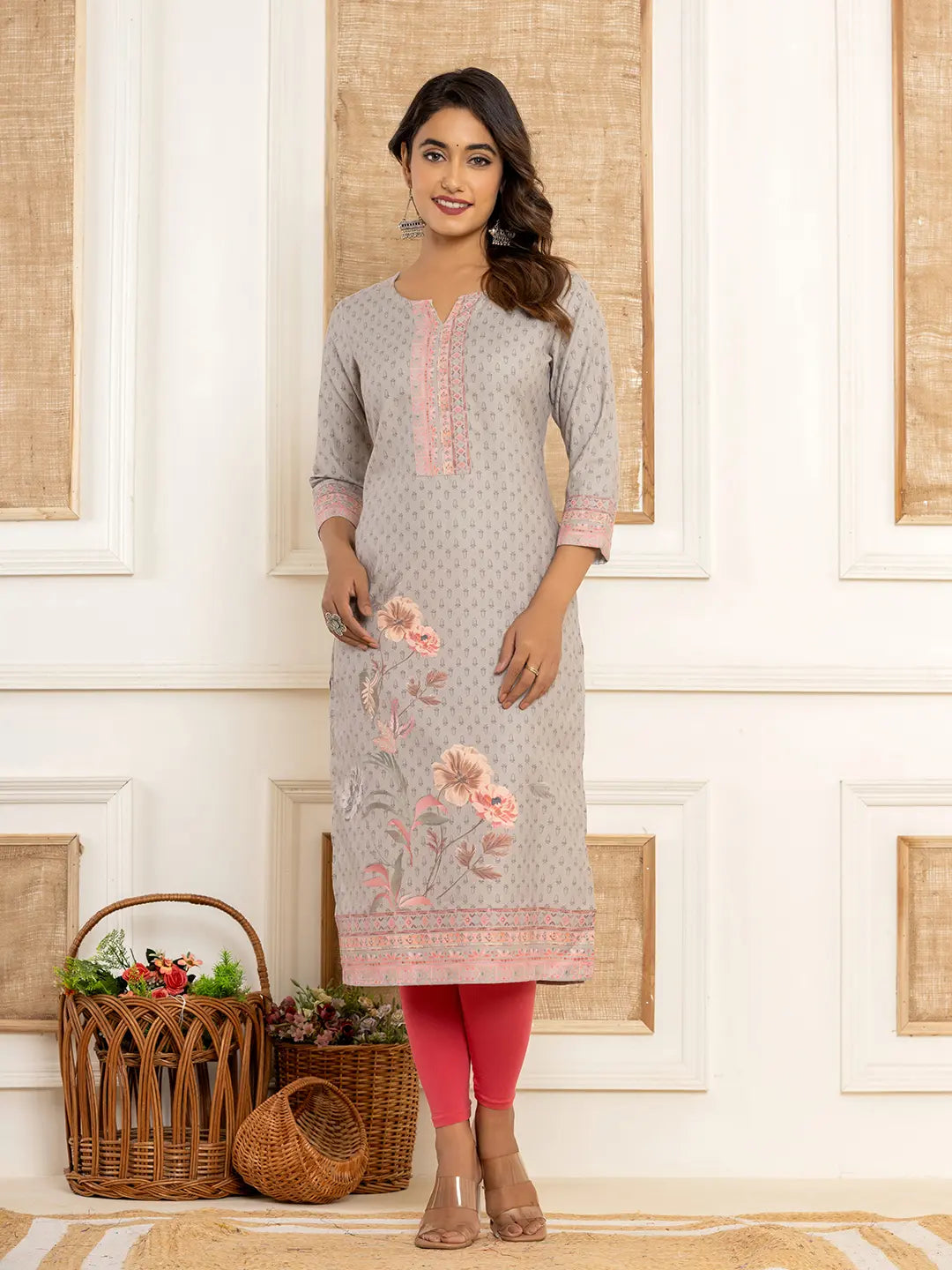 Yufta Grey Cotton A-Line Kurta With Digital Print | Grocsy
