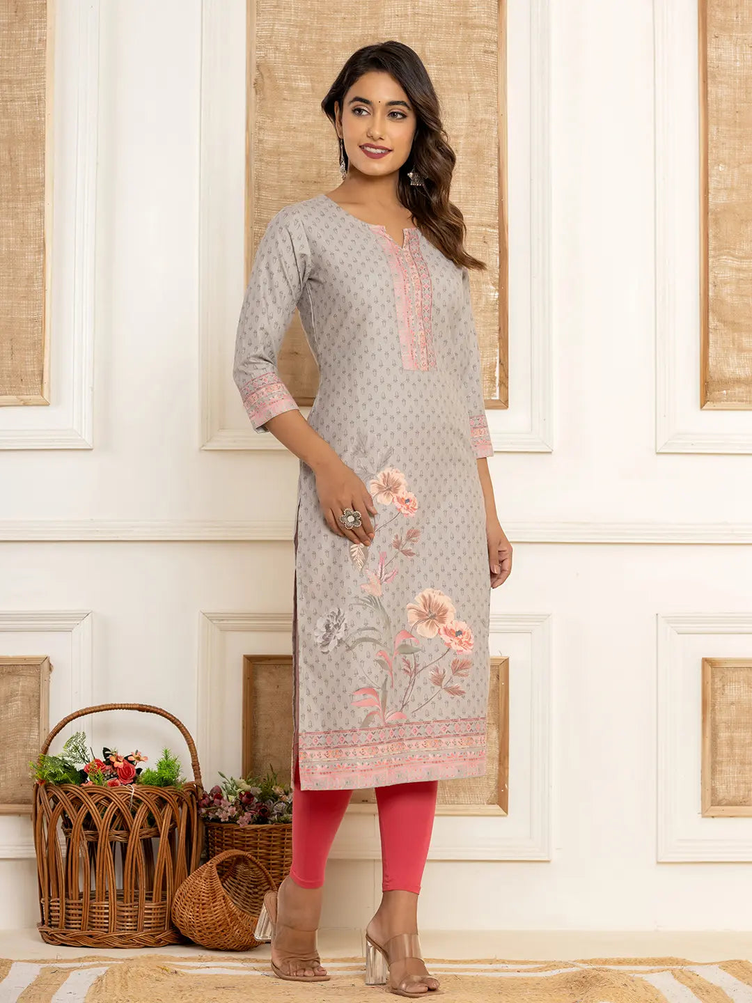 Yufta Grey Cotton A-Line Kurta With Digital Print | Grocsy