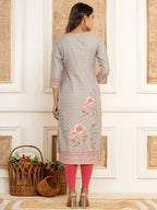 Yufta Grey Cotton A-Line Kurta With Digital Print | Grocsy