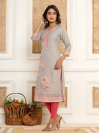 Yufta Grey Cotton A-Line Kurta With Digital Print | Grocsy