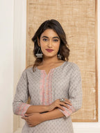 Yufta Grey Cotton A-Line Kurta With Digital Print | Grocsy