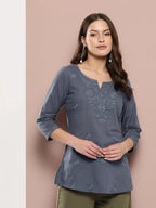 Yufta Grey Floral Chikankari Embroidered Pure Cotton Top | Grocsy