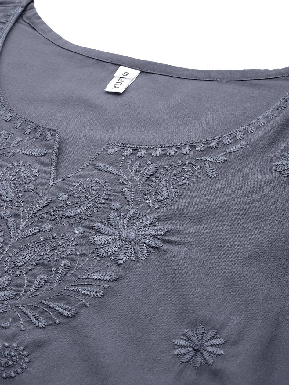 Yufta Grey Floral Chikankari Embroidered Pure Cotton Top | Grocsy