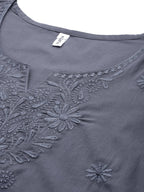 Yufta Grey Floral Chikankari Embroidered Pure Cotton Top | Grocsy