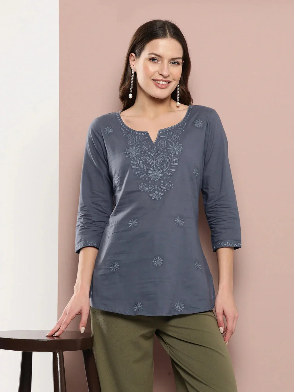 Yufta Grey Floral Chikankari Embroidered Pure Cotton Top | Grocsy