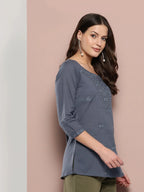 Yufta Grey Floral Chikankari Embroidered Pure Cotton Top | Grocsy
