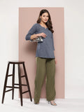 Yufta Grey Floral Chikankari Embroidered Pure Cotton Top | Grocsy