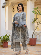 Yufta Grey Floral Print Straight Pakistani Style Kurta Trouser And Dupatta Set With Lace Work | Grocsy