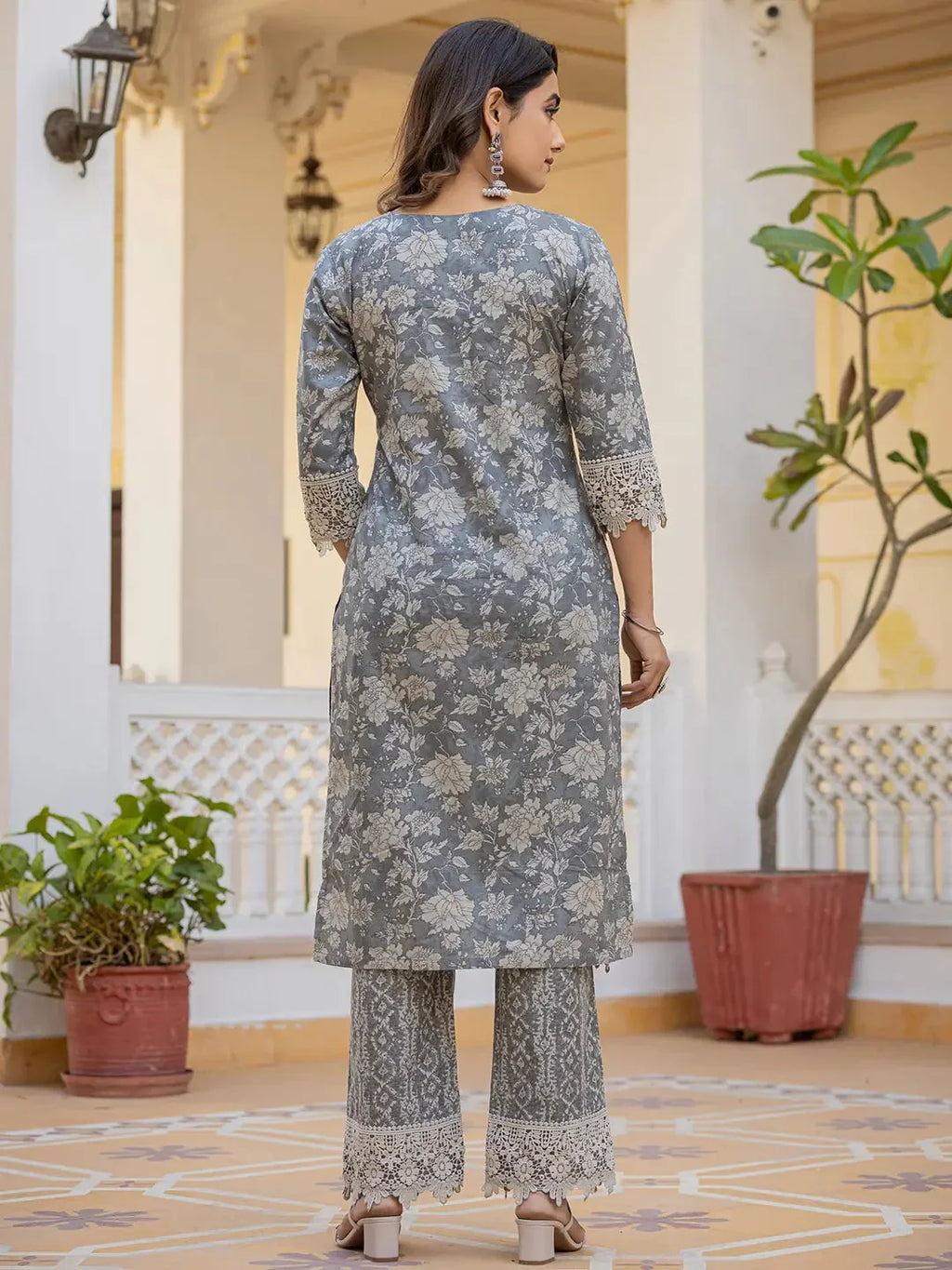 Yufta Grey Floral Print Straight Pakistani Style Kurta Trouser And Dupatta Set With Lace Work | Grocsy
