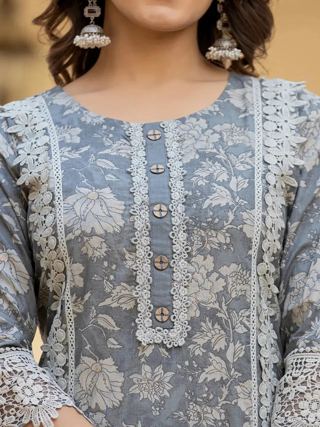 Yufta Grey Floral Print Straight Pakistani Style Kurta Trouser And Dupatta Set With Lace Work | Grocsy