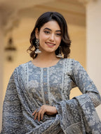 Yufta Grey Floral Print Straight Pakistani Style Kurta Trouser And Dupatta Set With Lace Work | Grocsy