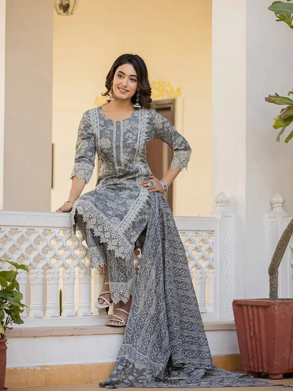 Yufta Grey Floral Print Straight Pakistani Style Kurta Trouser And Dupatta Set With Lace Work | Grocsy