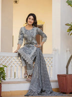 Yufta Grey Floral Print Straight Pakistani Style Kurta Trouser And Dupatta Set With Lace Work | Grocsy