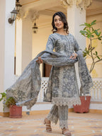 Yufta Grey Floral Print Straight Pakistani Style Kurta Trouser And Dupatta Set With Lace Work | Grocsy